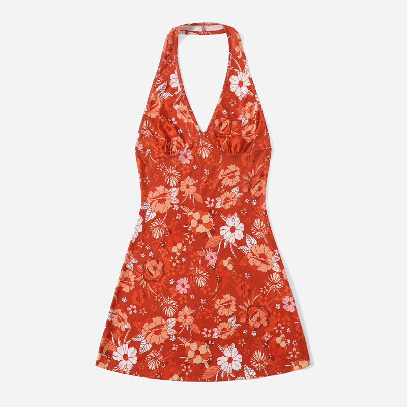 

Floral Print Halter Dress, Red