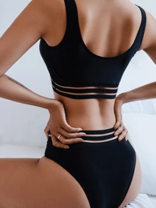 V Wired Mesh Trim Bikini,Summer Beach - Black - View 2