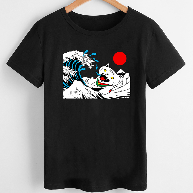 

Wave & Cartoon Cat Graphic Tee, Black