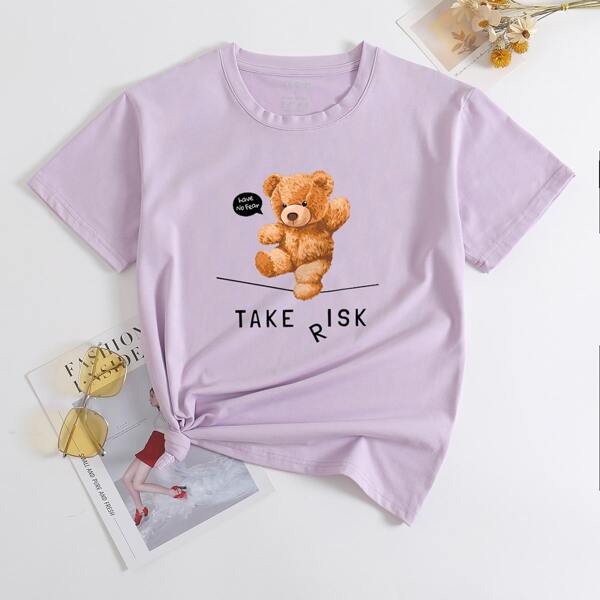 

Cartoon Bear And Letter Graphic Round Neck Tee, Mauve purple
