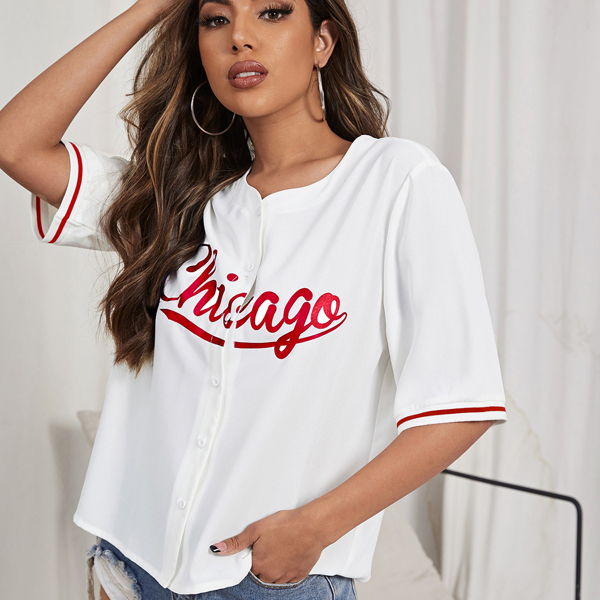 

Letter Graphic Striped Cuff Blouse, White