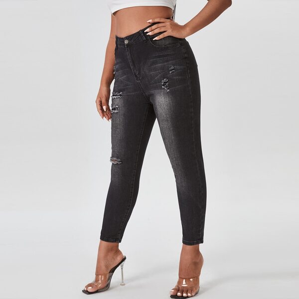 

Plus Curvy High Waist Ripped Skinny Jeans, Black