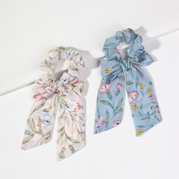 

2pcs Flower Print Scarf Hair Tie, Multicolor