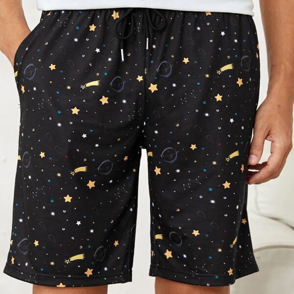 

Men Galaxy Print Drawstring Waist Sleep Shorts, Black