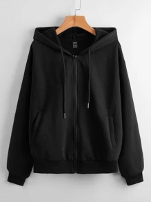 Muchica Drop Shoulder Solid Zip Up Hoodie - Black - View 1