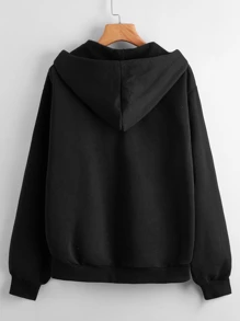 Muchica Drop Shoulder Solid Zip Up Hoodie - Black - View 2