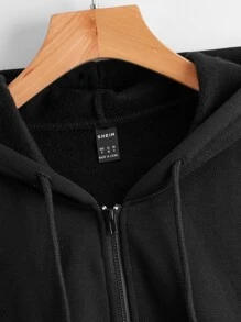 Muchica Drop Shoulder Solid Zip Up Hoodie - Black - View 4