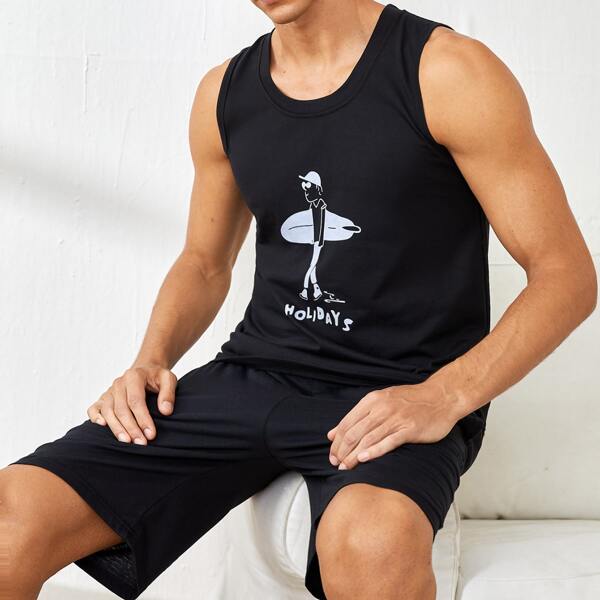 

Men Cartoon Figure And Letter Graphic PJ Set, Black