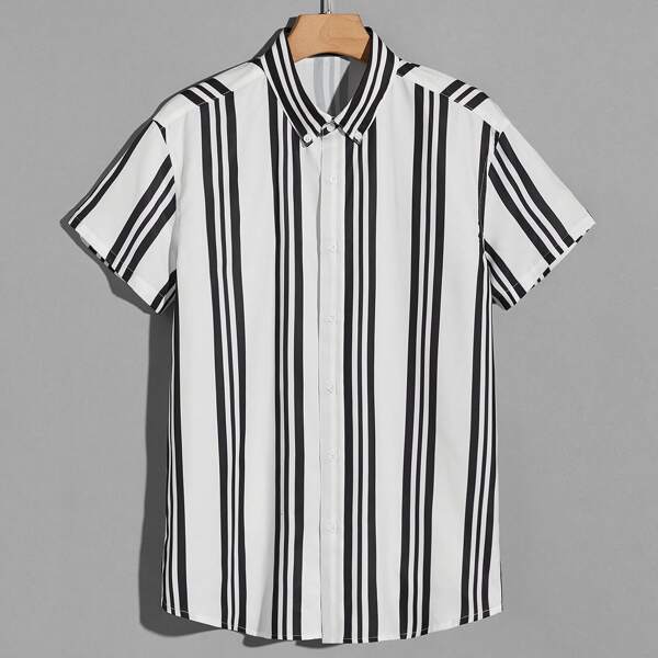 

Men Button Down Collar Striped Shirt, Black and white