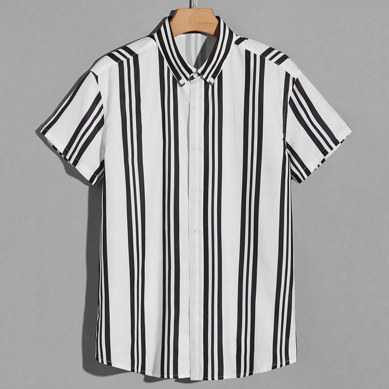 

Guys Button Down Collar Striped Shirt, Black and white