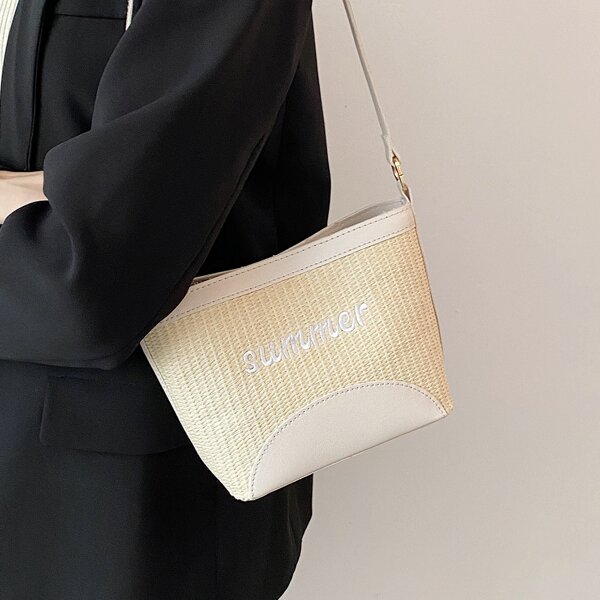 

Letter Embroidery Straw Bucket Bag, White