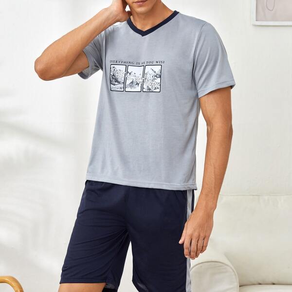 

Men Slogan Graphic PJ Set, Blue