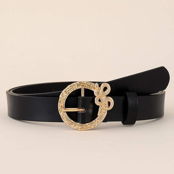 

Snake Decor Round Buckle Belt, Black