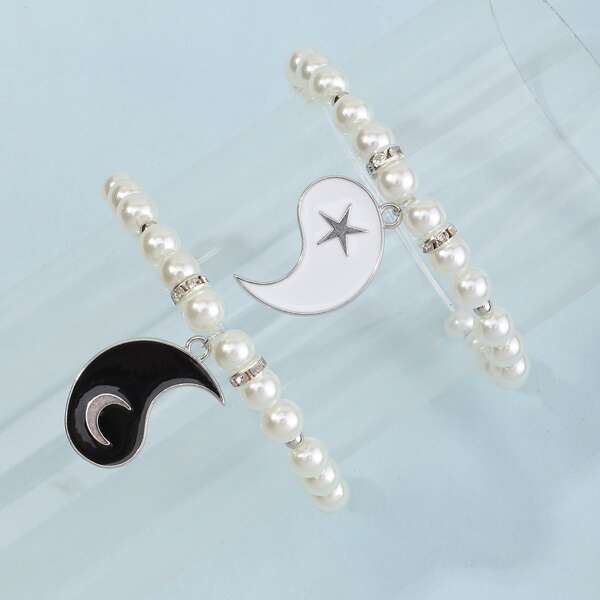 

2pcs Toddler Girls Yin & Yang Charm Faux Pearl Beaded Bracelet, Black and white