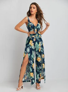 SHEIN VCAY 熱帶圖案繫帶吊帶上衣和高開衩褲子套裝 - 彩色 - 查看 1