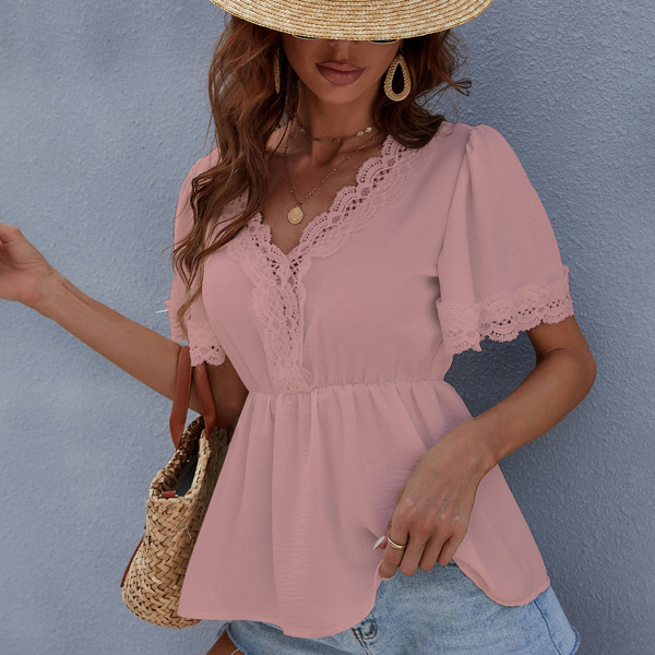 

Contrast Lace Ruffle Hem Blouse, Dusty pink