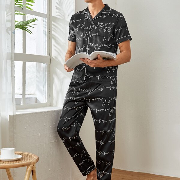 

Men Letter Graphic Button Front Satin Pajama Set, Black