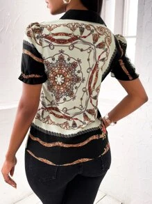 Blusa De Manga Inflada Con Estampado De Cadena - Multicolor - Ver 2