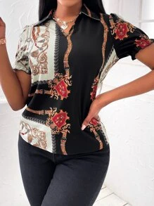 Blusa De Manga Inflada Con Estampado De Cadena - Multicolor - Ver 4