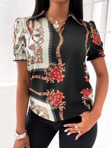 Blusa De Manga Inflada Con Estampado De Cadena - Multicolor - Ver 5