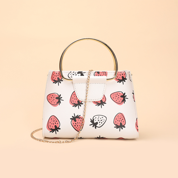 

Strawberry Graphic Ring Handle Chain Bag, White