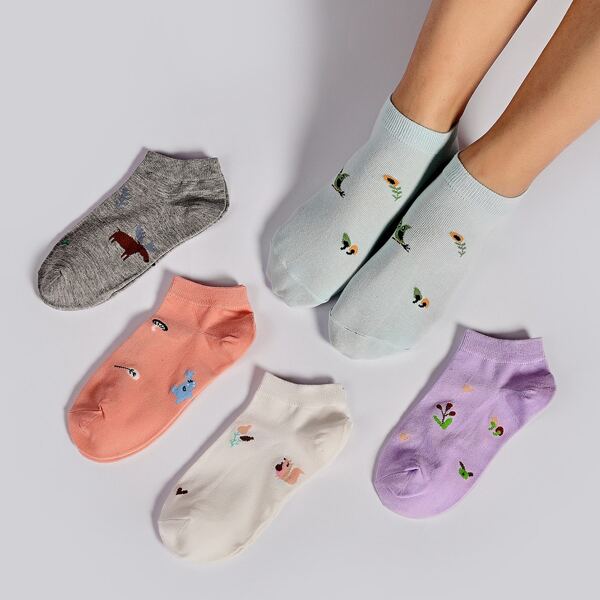 

5pairs Flower Pattern Ankle Socks, Multicolor