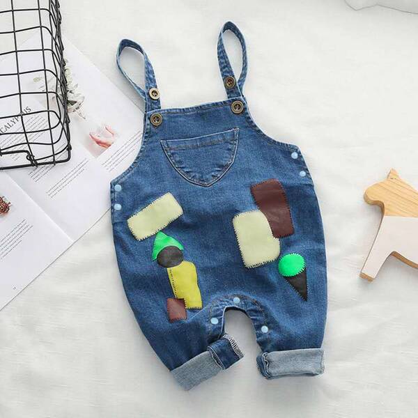 

Baby Boy Patched Denim Overall, Medium wash