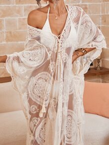 SHEIN Swim Áo ren lưới thêu - Màu be - Xem 1