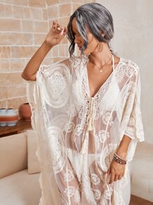 SHEIN Swim Áo ren lưới thêu - Màu be - Xem 3