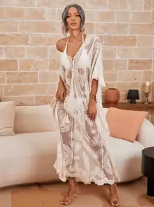 SHEIN Swim Áo ren lưới thêu - Màu be - Xem 4