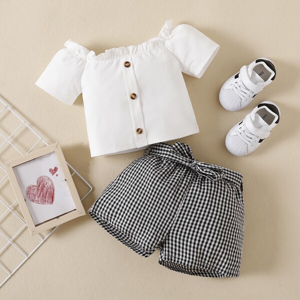 

Baby Girl Button Front Top & Belted Gingham Shorts, Black and white