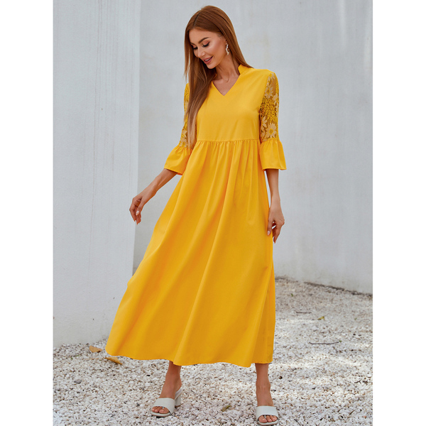 

Contrast Lace Flounce Sleeve Babydoll Dress, Yellow
