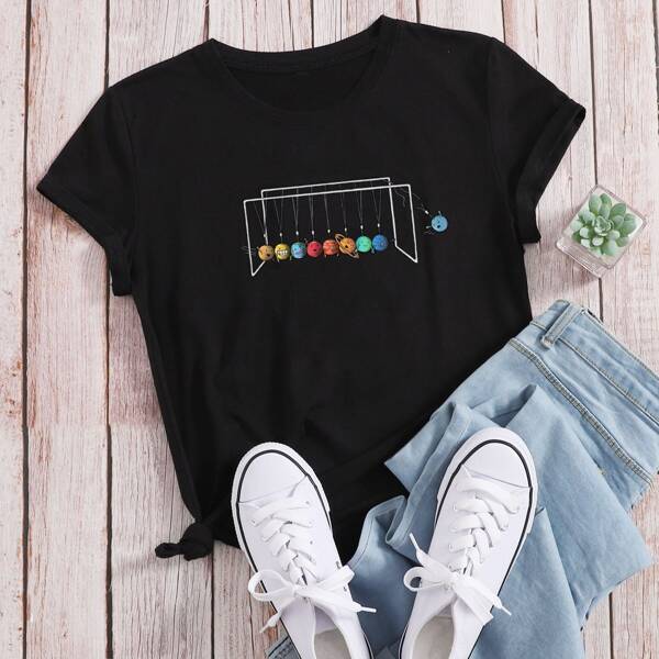 

Cartoon Graphic Round Neck Tee, Black