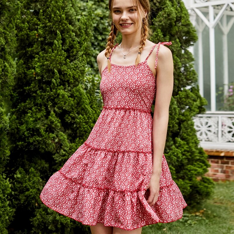 

Ditsy Floral Shirred Tie Shoulder Dress, Red