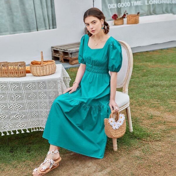 

Solid Sweetheart Neck Puff Sleeve Shirred Dress, Mint blue
