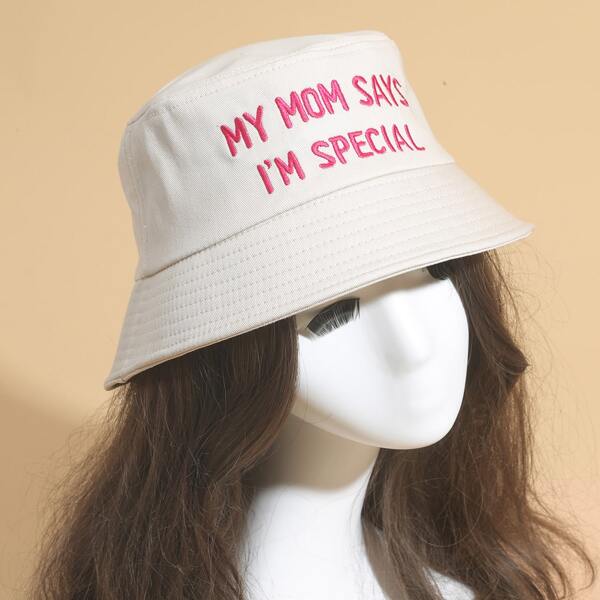 

Letter Embroidered Bucket Hat, Beige