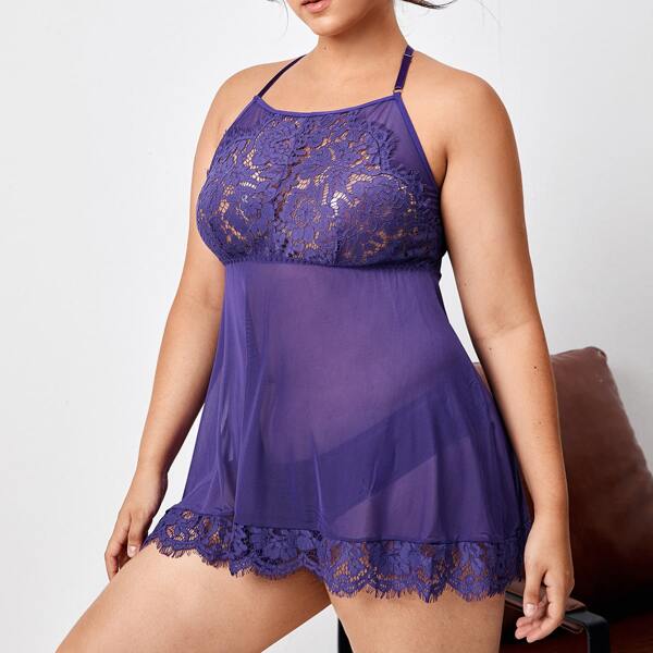 

Plus Contrast Lace Mesh Slips With Panty, Purple