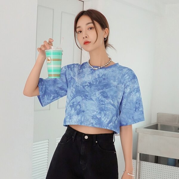 

Tie Dye Drop Shoulder Tee, Dusty blue