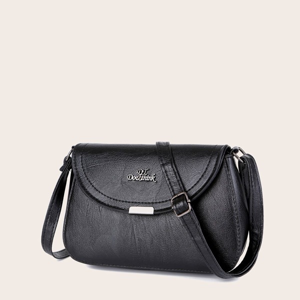 

Metal Letter Decor Flap Crossbody Bag, Black