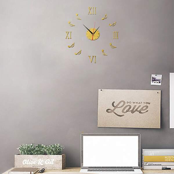 

Music Notes Design Mirror Surface Wall Clock, Gold