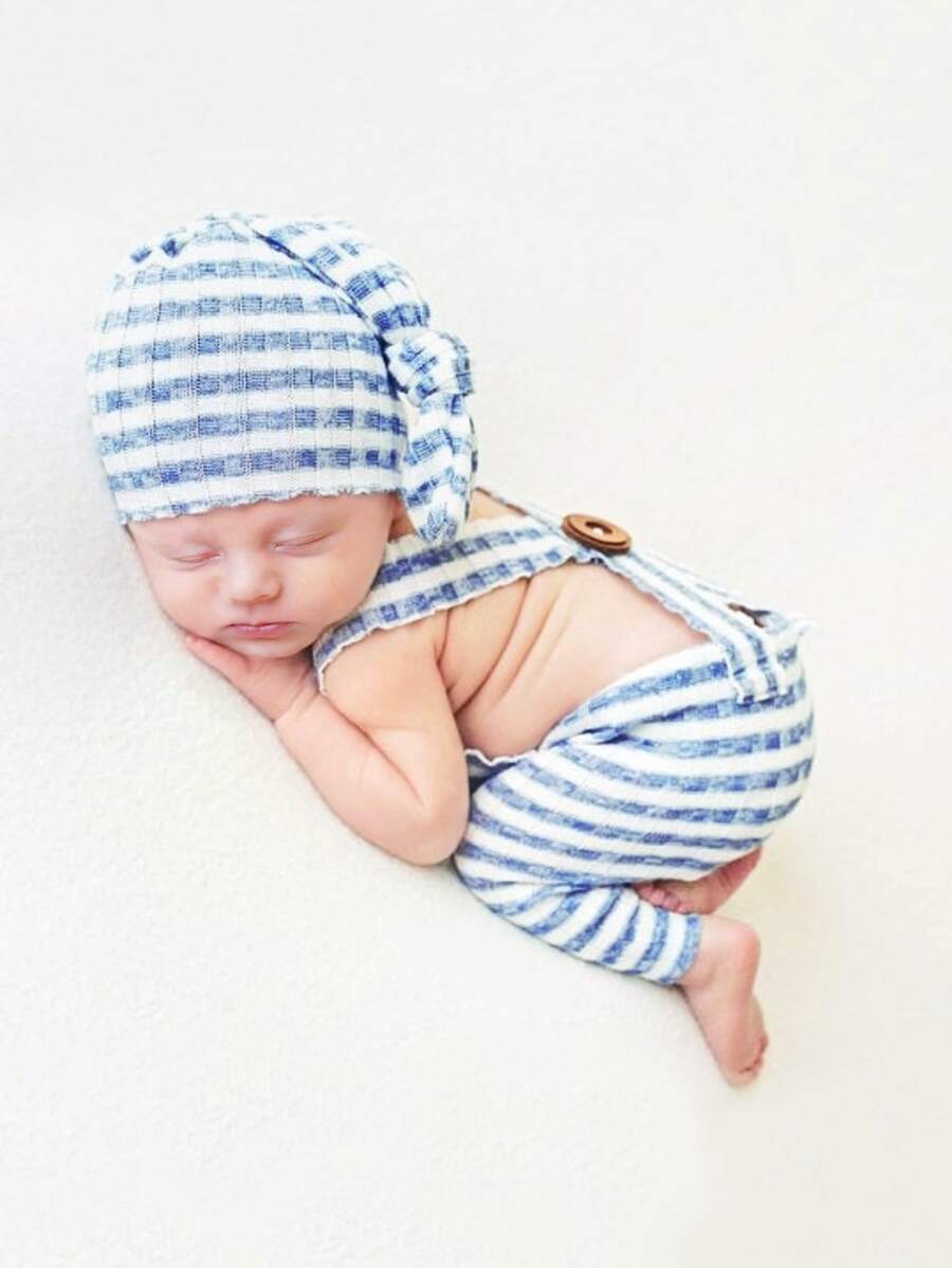 nouveau-né Pantalon à bretelles photographique à rayures avec chapeau - Bleu et Blanc - Voir 1