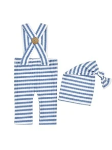 nouveau-né Pantalon à bretelles photographique à rayures avec chapeau - Bleu et Blanc - Voir 2