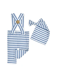 nouveau-né Pantalon à bretelles photographique à rayures avec chapeau - Bleu et Blanc - Voir 3