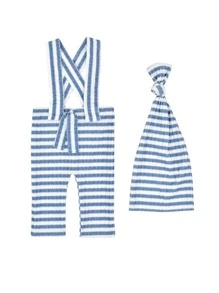 nouveau-né Pantalon à bretelles photographique à rayures avec chapeau - Bleu et Blanc - Voir 4