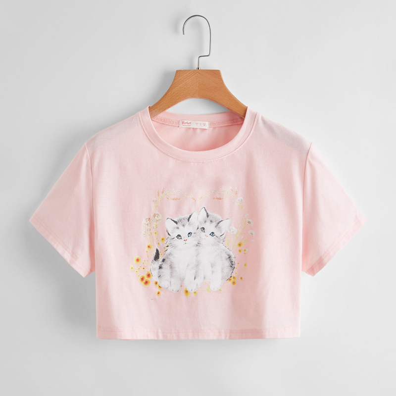 

Floral & Cat Graphic Crop Tee, Baby pink