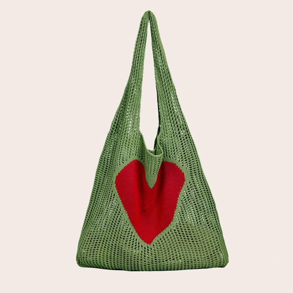 

Heart Graphic Straw Shopper Bag, Green