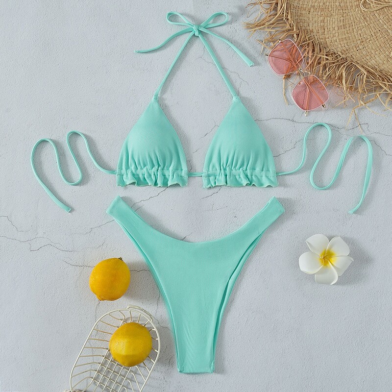 

Rib Halter Triangle High Cut Bikini Swimsuit, Mint green