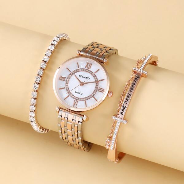 

1pc Rhinestone Decor Round Pointer Watch & 2pcs Bracelet