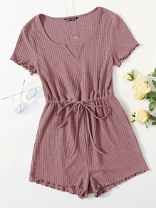 SHEIN EZwear Plus Drawstring Waist Lettuce Edge Romper - Dusty Pink - View 1