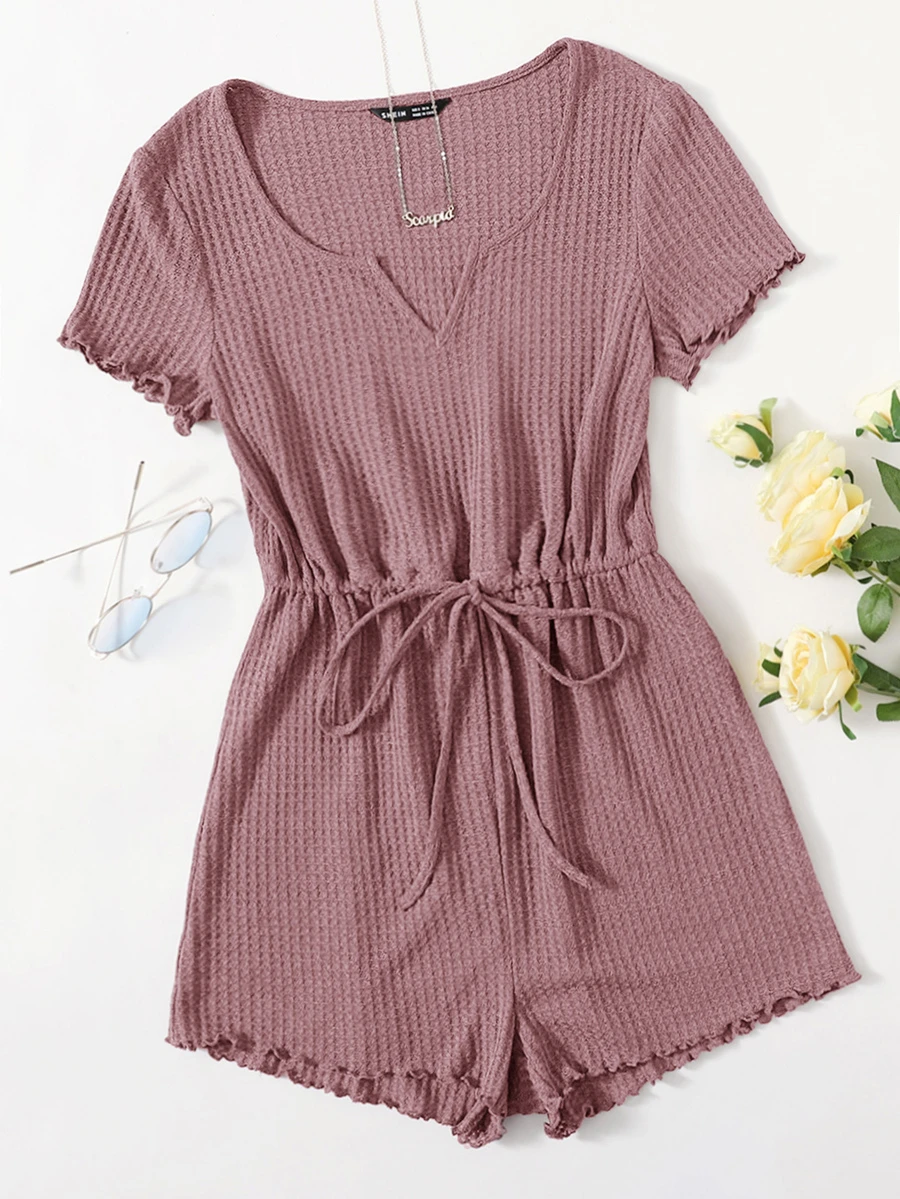 SHEIN EZwear Plus Drawstring Waist Lettuce Edge Romper - Dusty Pink - View 1